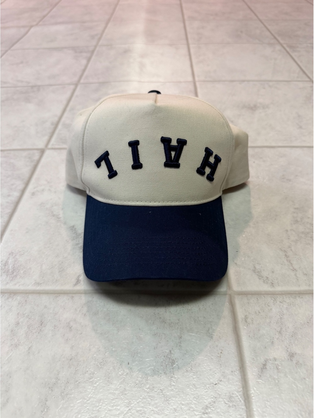 Beige and Navy Blue Baseball Cap with Embroidered Letters